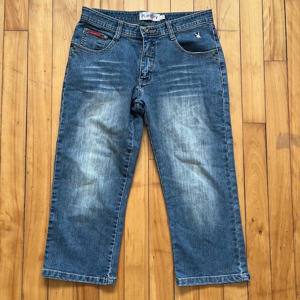 Playboy Vintage Y2K Medium Wash Denim Capri Jeans Bunny Logo Blue Size 28